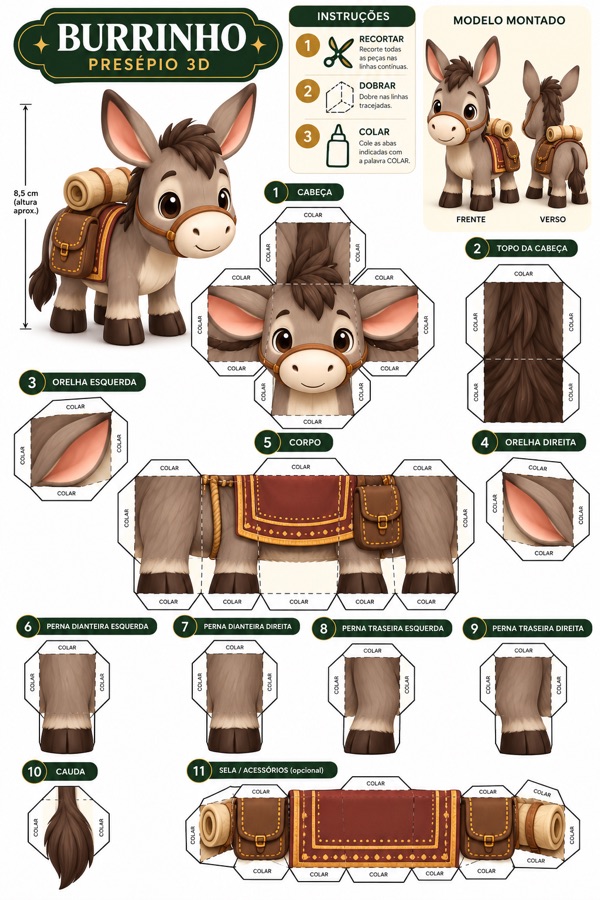 Molde papercraft do burrinho do presépio