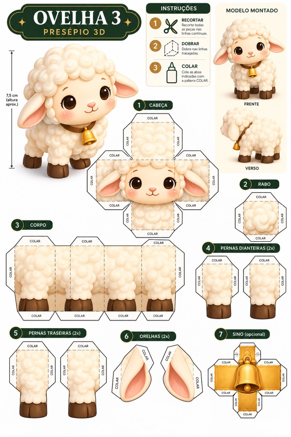 Molde papercraft da ovelha do presépio